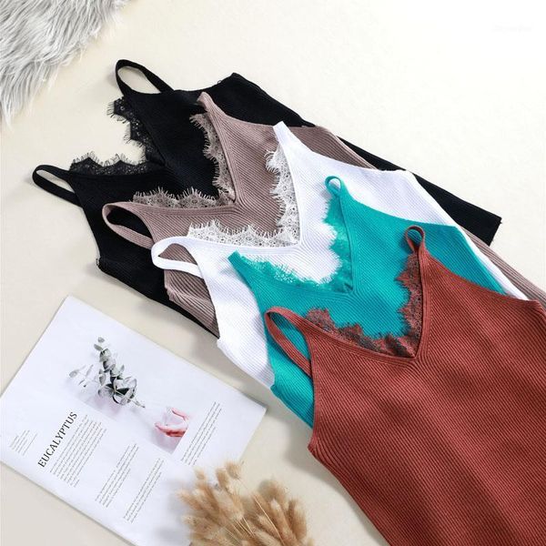 

chic summer lace knit tank women girls camisole v-neck sleeveless t shirt short female basic camis solid knitwear1, White