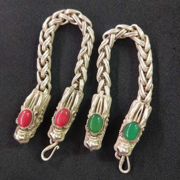 

charm bracelets antique and old tibetan silver dragon head inlaid gemstone bracelet retro ethnic style, Golden;silver