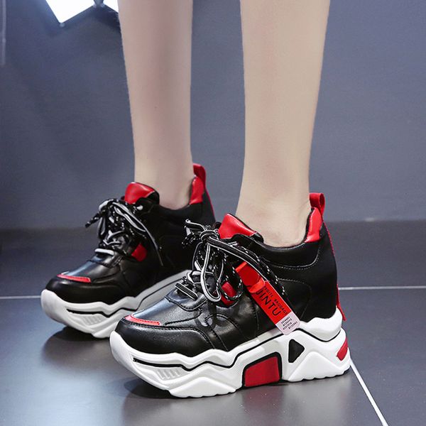 

2021 the new autumn chunky heels women's shoes ladies hidden platform leather sneakers from high wedges xyhy, Black