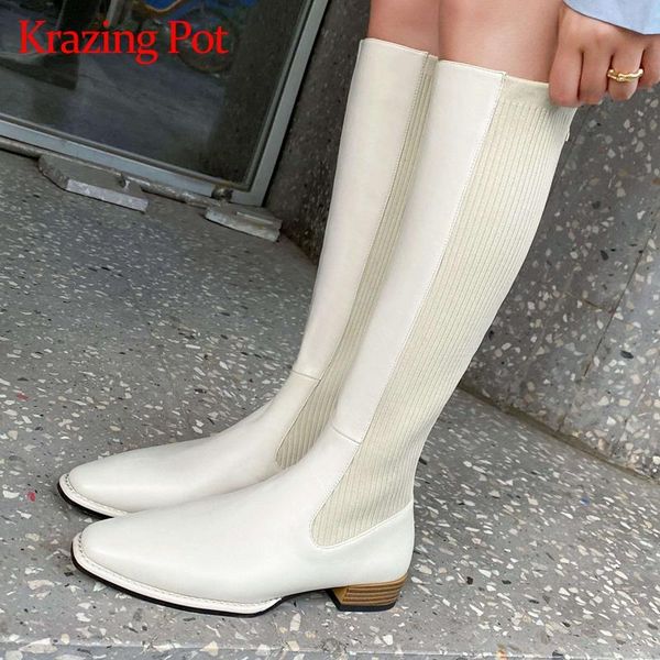 

krazing pot big size cow leather square toe knitting boots new arrival keep warm beauty lady dating charming knee-high boots l41, Black