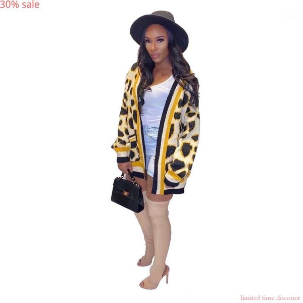 

leopard knit cardigan women 2019 autumn winter clothing womens leopard trench coat plus size casual loose windbreaker coats1, Tan;black