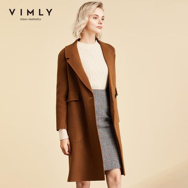 

vimly women wool coat autumn winter vintage lapel double breasted solid loose overcoat elegant female long jacket 3066, Black