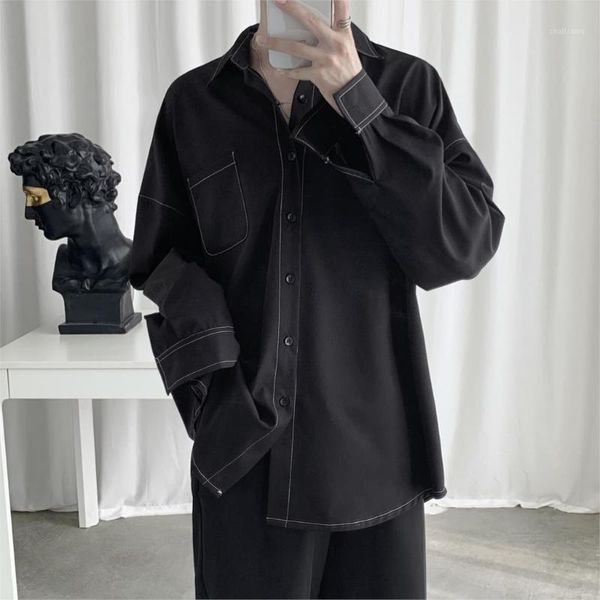 

2021 fashion men shirt long sleeve korean style ulzzang titched design solid street wear men shirts1, White;black