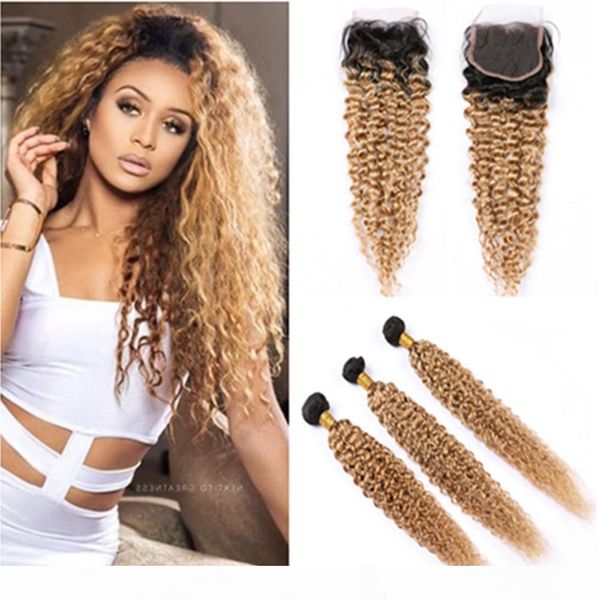 

#1b 27 ombre human hair bundles with closure kinky curly ombre honey blonde lace closure with weaves dark root ombre hair extensions, Black