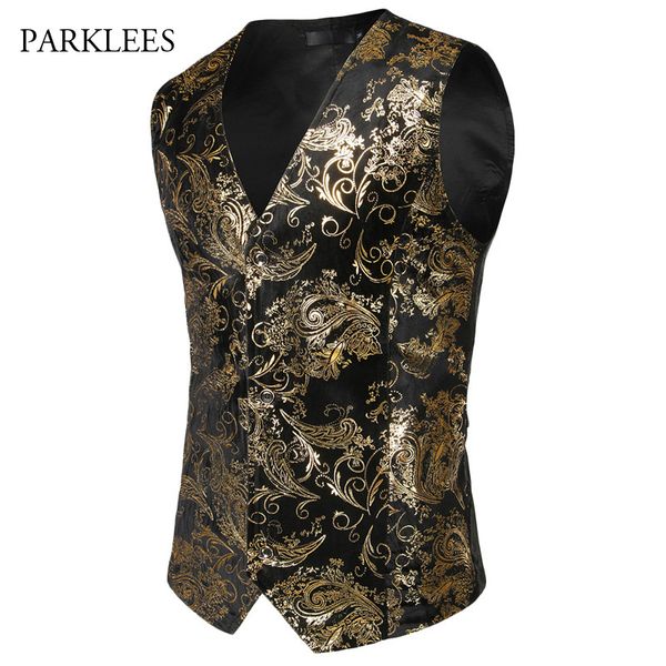 

steampunk suit vest men shiny bronzing paisley flower chaleco hombre slim fit sleeveless wedding tuxedo dress vest waistcoat men 201106, Black;white