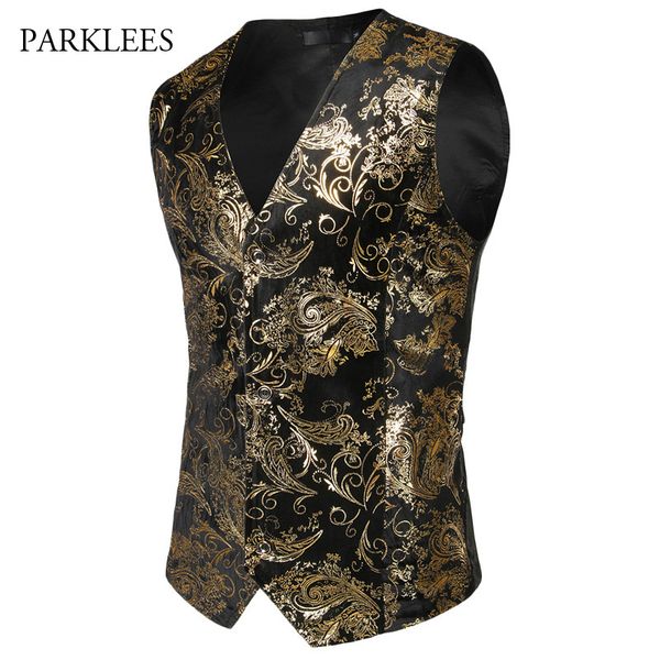 Steampunk Suit Vest Uomo Shiny Bronzing Paisley Flower Chaleco Hombre Slim Fit Senza maniche Abito da sposa Tuxedo Vest Gilet da uomo 201106