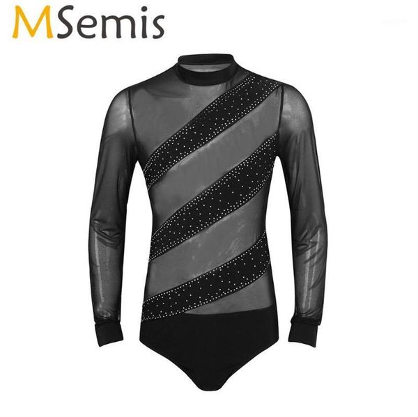 

msemis men latin ice figure sktaing dance shirt ballroom dancewear rhinestones long sleeves see through leotard bodysuit, Black;red