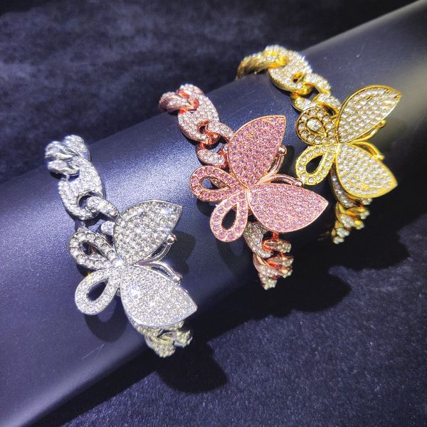 

iced out diamond women bracelets chain jewelry zircon coffee beans cuban link chain gold silver pink butterfly bracelets, Black