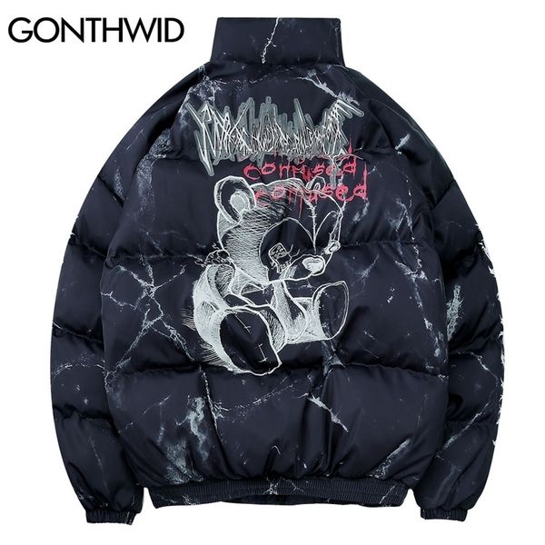 

gonthwid cotton padded thick parkas jackets streetwear hip hop graffiti bear print zipper winter coats mens fashion casual lj201216, Black