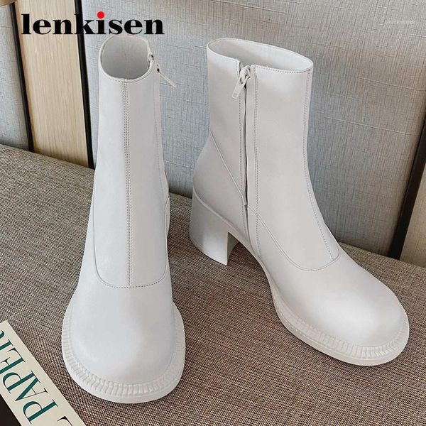 

boots lenkisen preppy style genuine leather british design round toe thick high heel zipper gorgeous keep warm basic ankle l721, Black