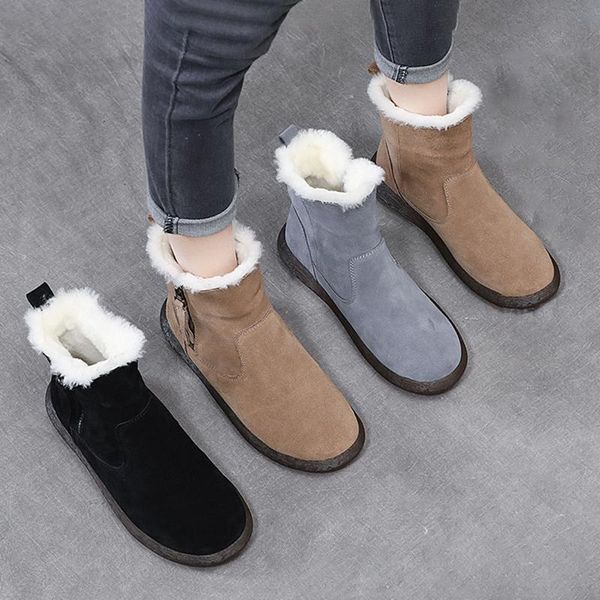 

peipah winter snow ankle boots ladies cow suede genuine leather shoes for women wedges wool fur platform boots female plus size, Black