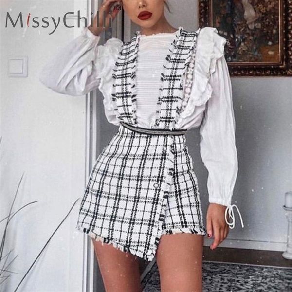 MissyChilli Sexy Tweed Herbst Hohe Taille Rock Culottes Frauen A-Linie Plaid Latzhose Weibliche Gestreifte Kurze Hosen Böden Vintage LJ200819