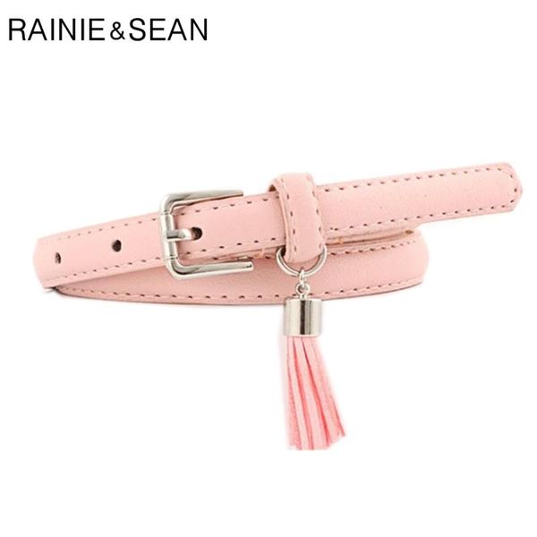 

rainie sean pink leather women belt tassel pendant candy color female belt korean fashion casual thin pin buckle ladies belts, Black;brown