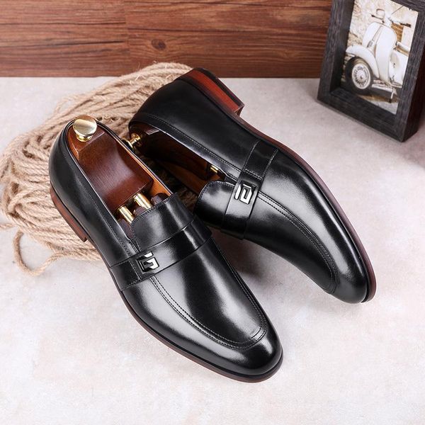

desai men's leather shoes business dress shoes men small square head slip-on with metal decoration zapatos, Black
