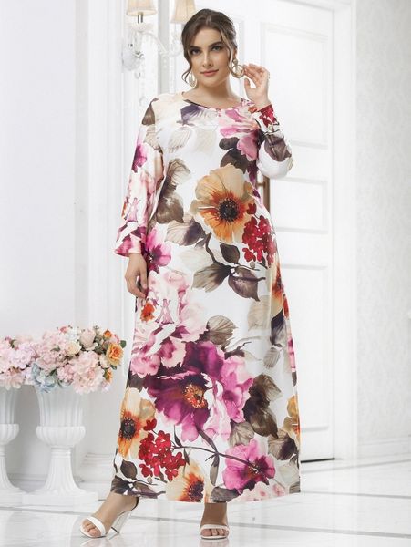 

plus floral print round neck maxi dress l6wx#, Black