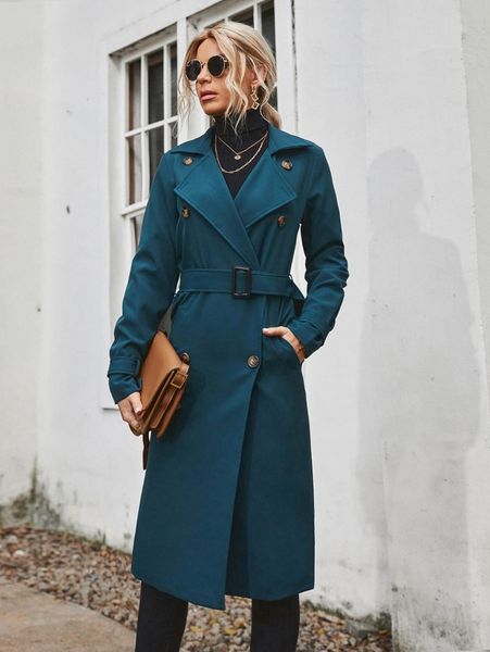 

double breasted slant pocket belted trench coat b1gb#, Tan;black