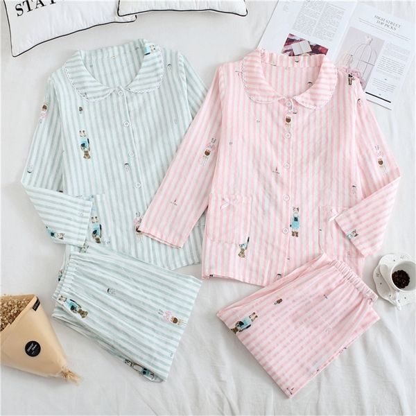 

korea fresh maple leaf pajama sets women 100% gauze cotton long sleeve casual sleepwear women pyjamas summer 2020 y200708, Black;red