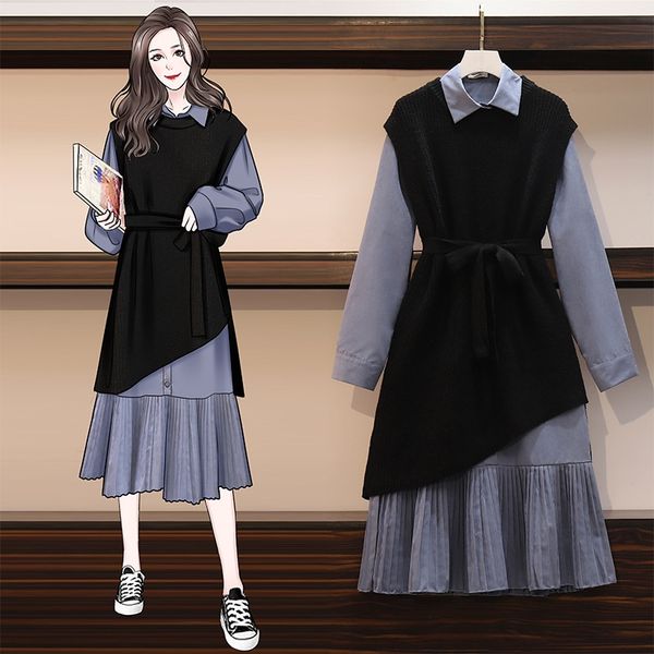 

early autumn 2020 pleated shirt two piece irregular dress skirt skirt vest skirtknitted vest dress for the aged 6zhst, Gray
