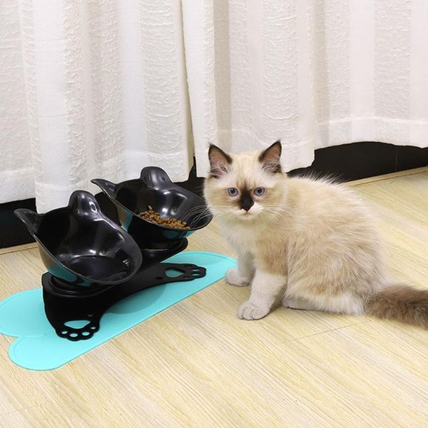 

single and double bowl cat dog water feeder neck protection removable cute cat face shape pet bowl with stand1