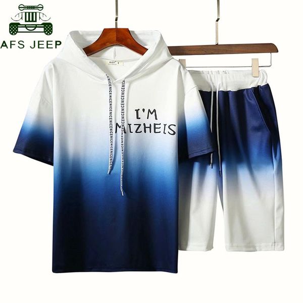 

summer tracksuit mens clothing set gradient short sleeve hooded undershirt t shirt+jogging fitness shorts casual men 2 piece set, Gray