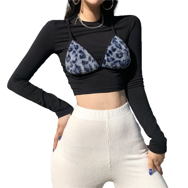 

women's , leopard bra camisole fake two pieces splicing umbilicus exposure long sleeve t-shirt blouse for female, White