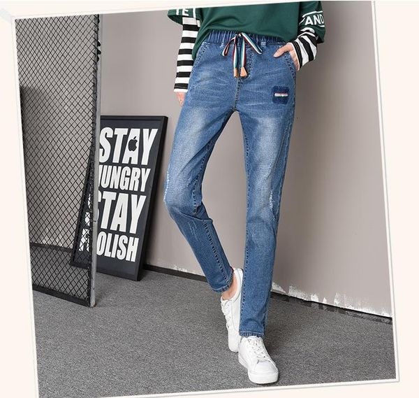 

autumn women she wears elastic waistband plus size jeans qisf, Blue