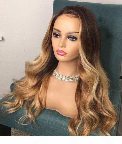 

body wave ombre blonde mixed highlight human hair lace front wigs brown and blonde wavy full lace glueless human hair wigs, Black;brown