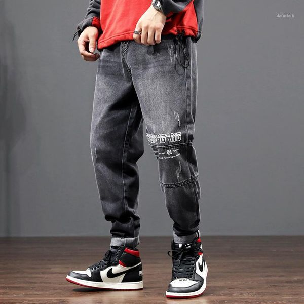 

fashion streetwear men jeans black gray printed designer big pocket cargo pants harem jeans japanese vintage hip hop men1, Blue