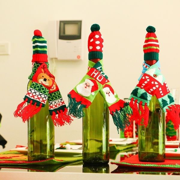 

ikyfn new christmas knitted accessories scarf hat red wine suit old man snowman bottle wine scarf set accessories iksot