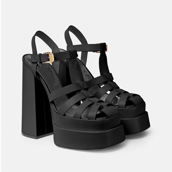 

2022 women ladies cowskin leather super 15cm high heel sandal shoes 4.5cm platform pumps polyurethane bottom dance party wedding buckle dres, Black