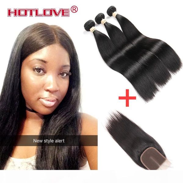 

ove hair indian virgin human straight weave 3 bundles with lace closure 3 part wavy available natural black raw india hair, Black;brown