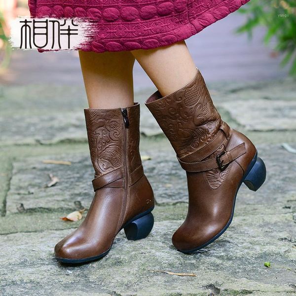 

boots xiangban genuine leather women winter embossed national wind high heel snow wool cotton black coffee1