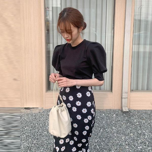 

new girls summer blouse women suit shirt short sleeves high waist long print a line skirts two piece suits sell separately, Gray