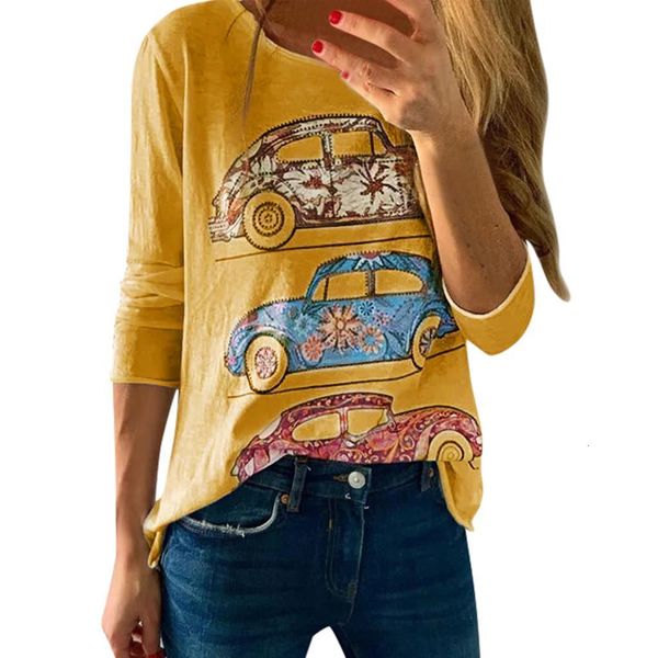 

european and american long-sleeved round neck fashion casual ladies cartoon car print fashion autumn girl long sleeve, White