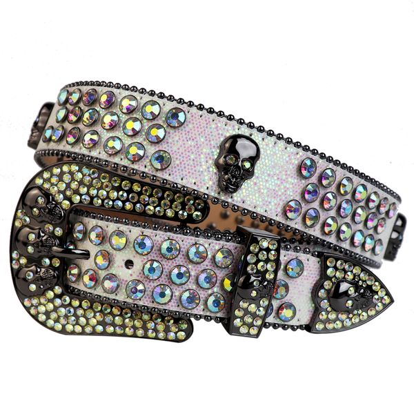 

men's fashion bling swarovski crystal shiny glitter leather rhinestone belt studded belt removable skull buckle & with skull conchos, Black;brown