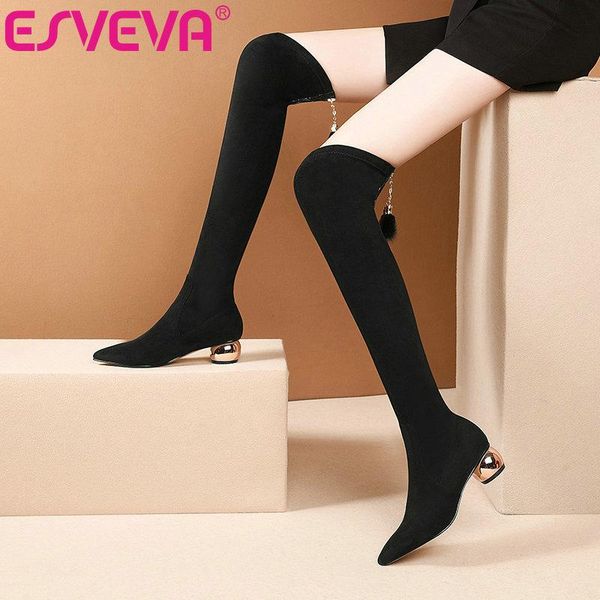 

boots esveva 2021 square heel flock women shoes pointed toe over the knee zipper fashion ladies big size 34-42, Black