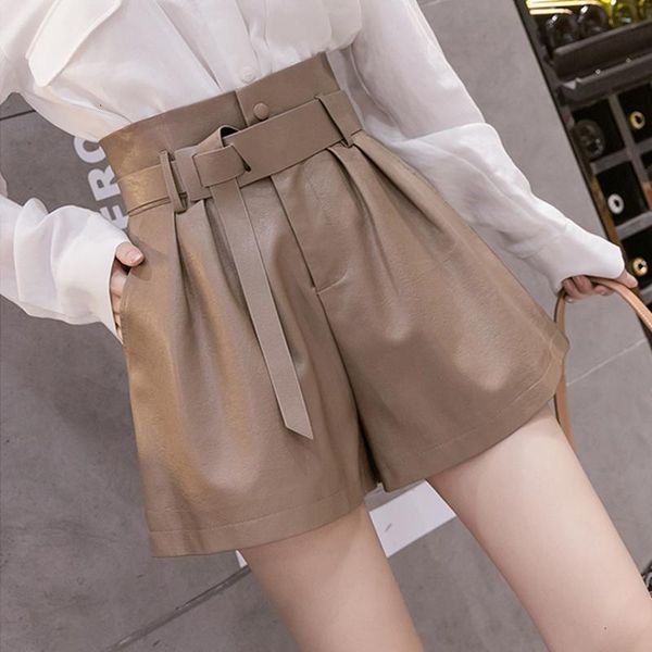 

2020 new autumn winter black pu faux leather women's shorts sashes high waist wide leg shorts elegant female solid trousers, White;black