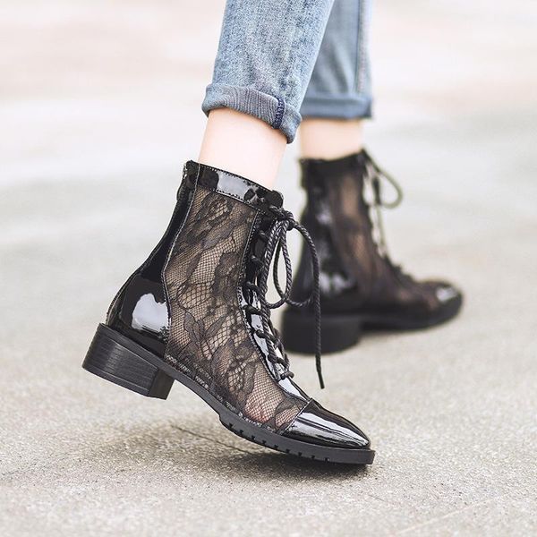 

embroidery lace patchwork patent leather boots sandals women lace-up high-shoes woman back zipper thick square heels sandale1, Black