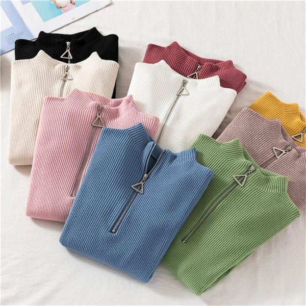 

autumn winter clothes women zipper high neck sweater knitted pullover slim jumper underwear streetwear ropa mujer invierno 2021, White;black