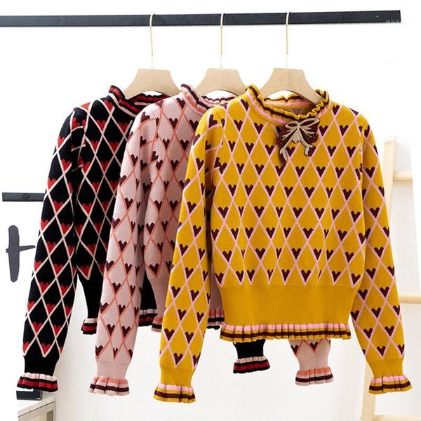 

2020 winter contrast color patchwork jacquard knit sweater women bow heart argyle high waist sweater sweet kawaii pullovers new1, White;black