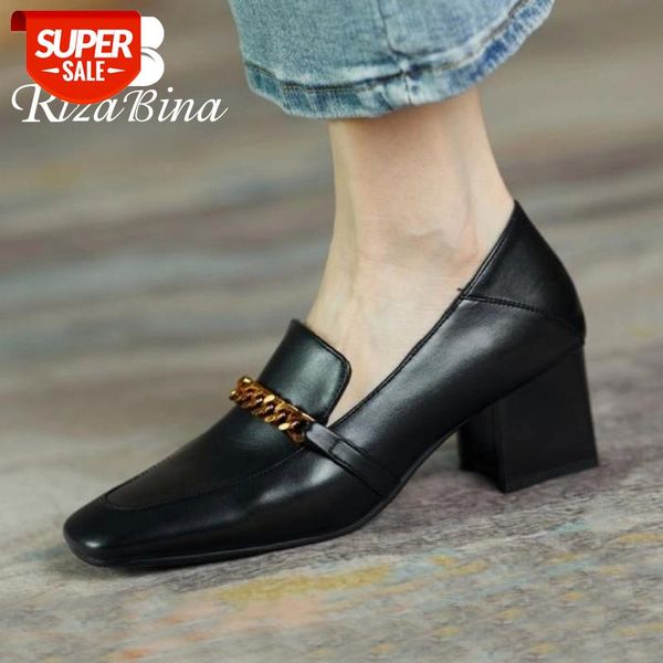 

rizabina new fashion women pumps square toe metal chain slip on shoes elegant shoes thick heel ladies footwear size 30-43 #k72k