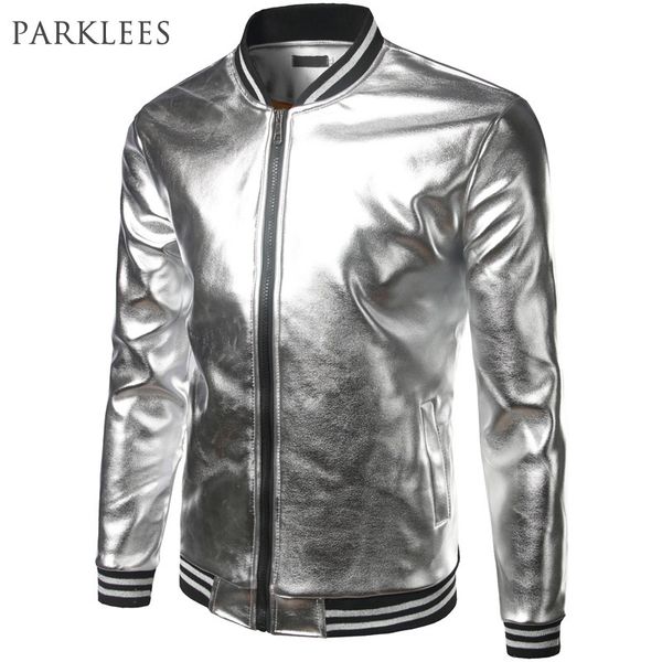 Giacca da uomo rivestita in argento metallizzato Giacche bomber primaverili Casual Slim Fit Varsity Hip Hop Nigh Club Shiny 201105