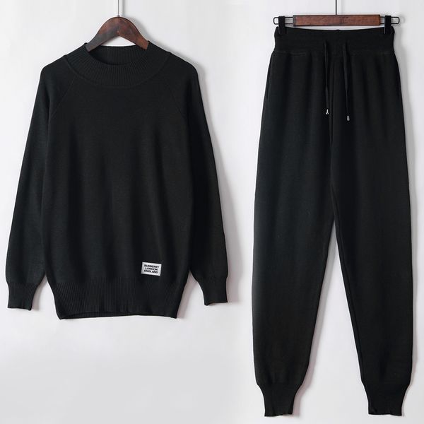 

2021 new 2 pieces women tracksuit oneck + harem pants pullover sweater set chic knitted outwear suit z6qo, Black;white