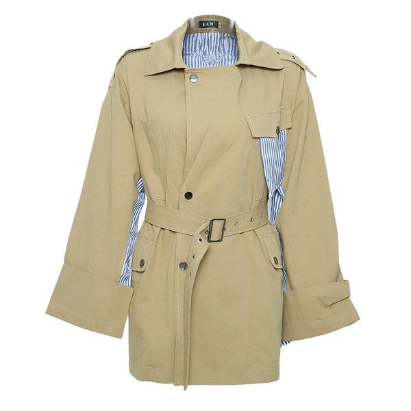 

autumn and winter new belt fashion windbreaker women jacket mid length single breasted striped stitching casual loose coat c539, Tan;black