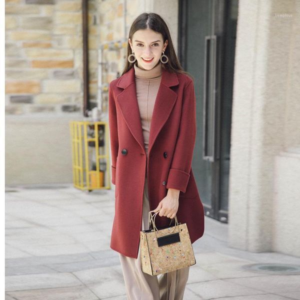 

ayusnue new autumn winter double breasted wool coat european sweety red trench for women overcoat long sleeve lx19191, Black