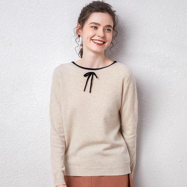 

women's sweaters women sweater and pullover with bow 100% pure cashmere knitted long sleeve o-neck jumpers 2021 winter warm ladies, White;black