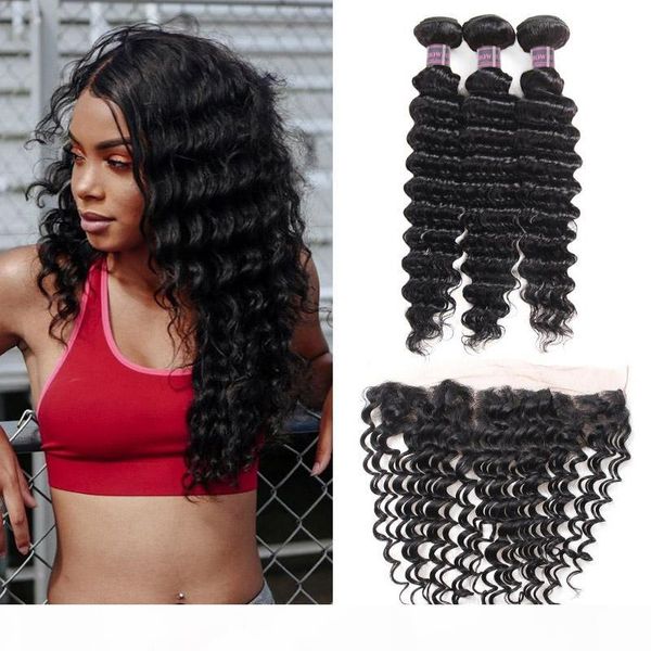 

ear to ear 13x 2 lace frontal closure with 3bundles brazilian virgin hair deep wave hair human hair bundles with closure, Black