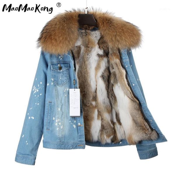 

2017new fashion brand women denim coat girl denim jacket real fur thick lining raccoon fur collar bomber jacket keep warm1, Black;brown