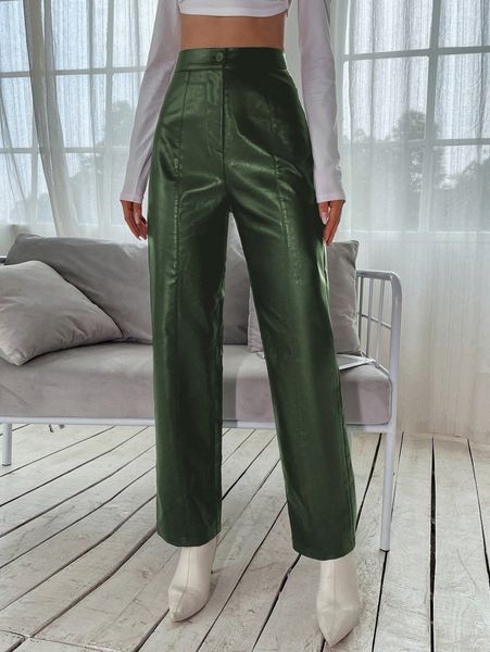 

high waist pu leather straight leg pants 037l#, Black;white