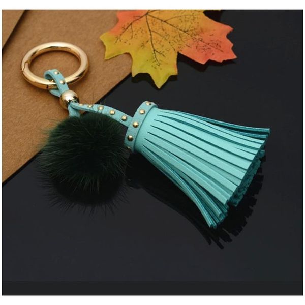 

leather tassels with mink fur ball key chain with one tassels for car keychain bag key ring jewelry eh812 f sqcseh, Slivery;golden